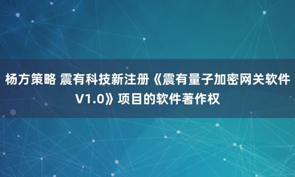 杨方策略 震有科技新注册《震有量子加密网关软件V1.0》项目的软件著作权